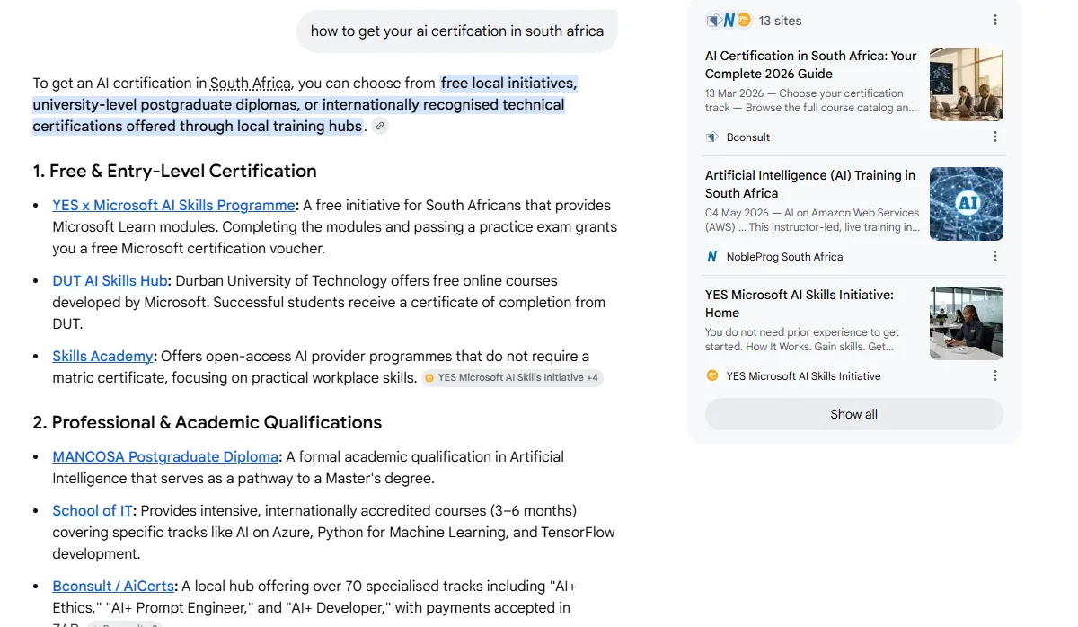 BConsult AI Overview result for "how to get your ai certification in south africa"