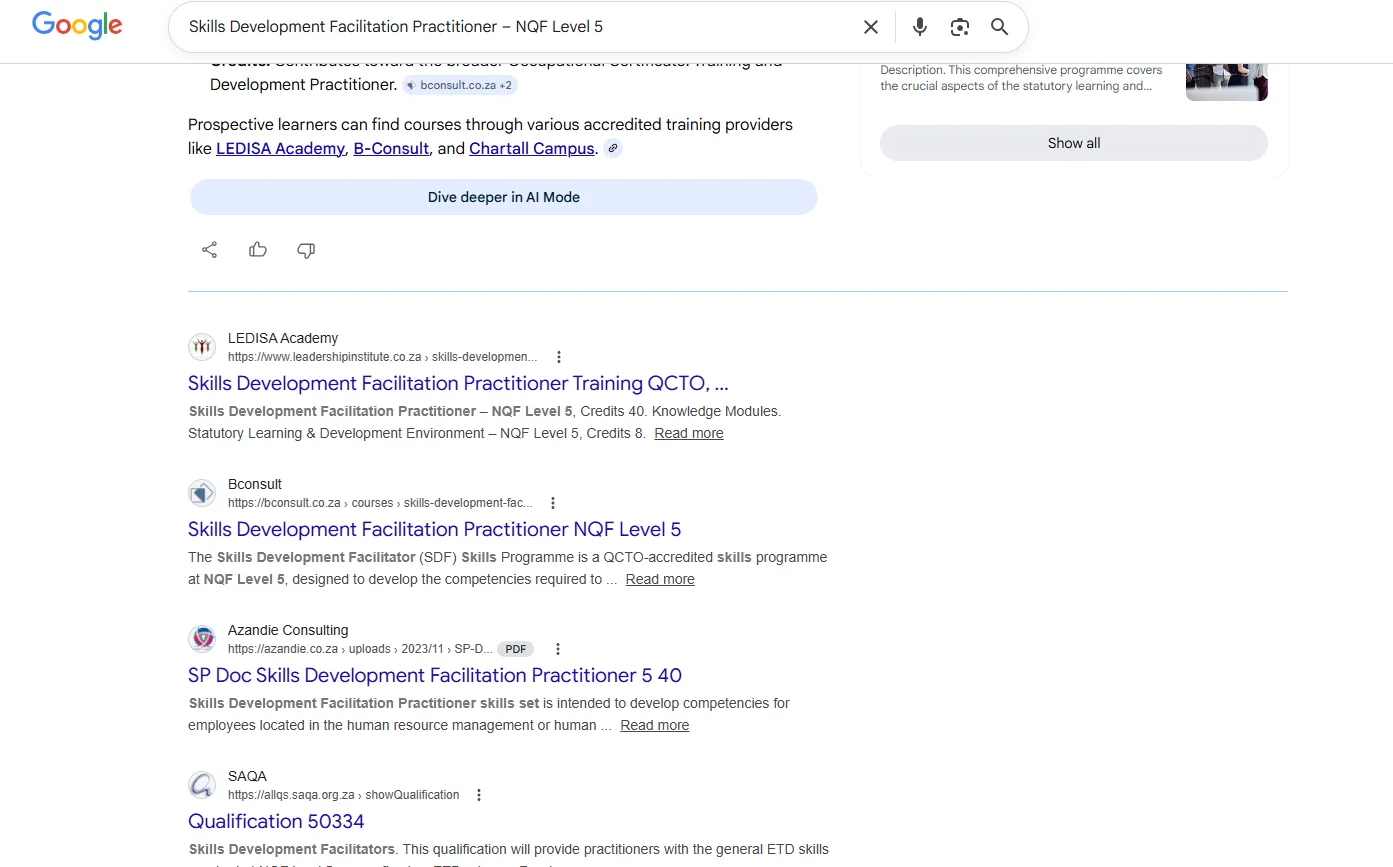 BConsult Google search results for "Skills Development Facilitation Practitioner – NQF Level 5"