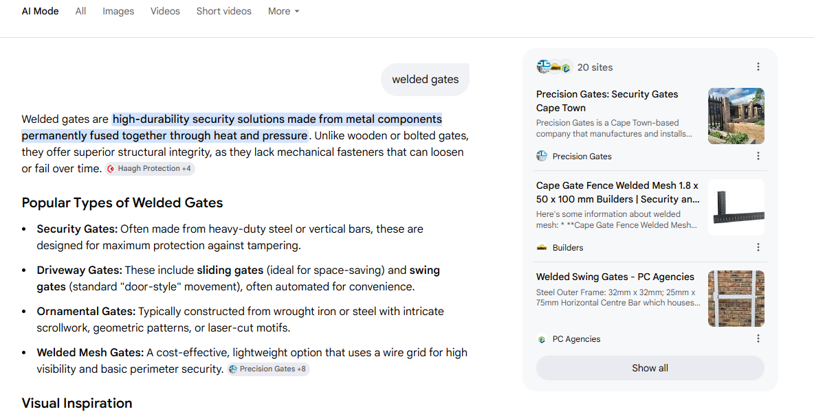 Precision Gates AI Overview result for "welded gates"