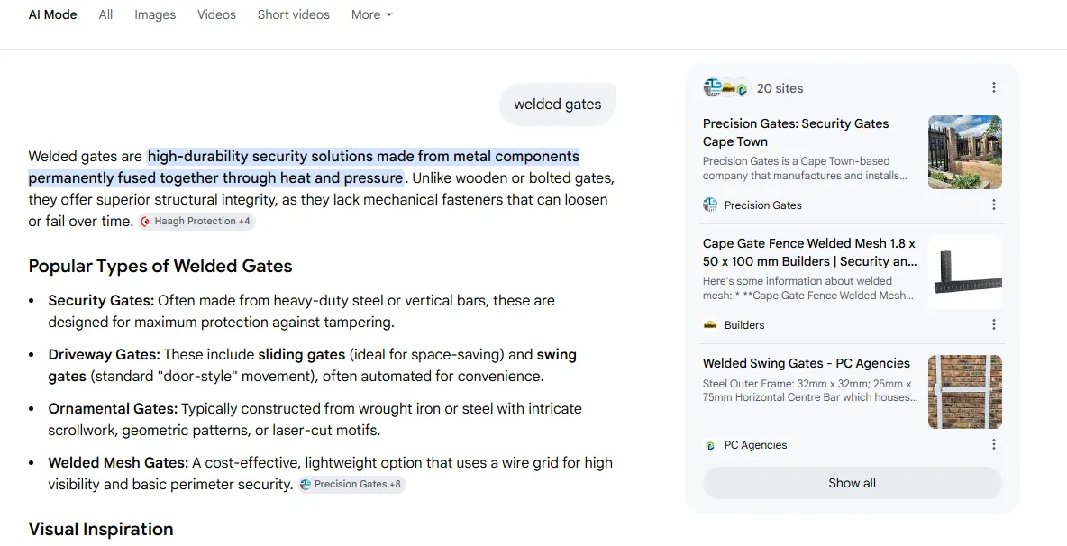 Precision Gates AI Overview result for "welded gates"