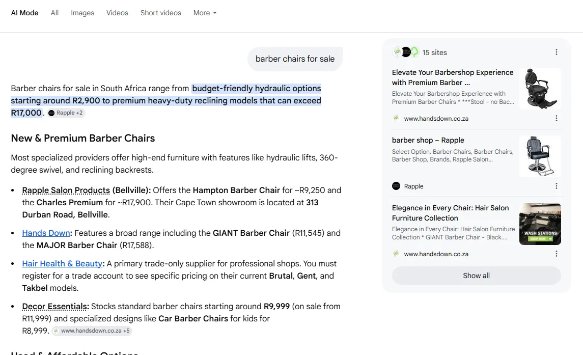 Rapple Salon Products AI Overview result for "barber chairs for sale"