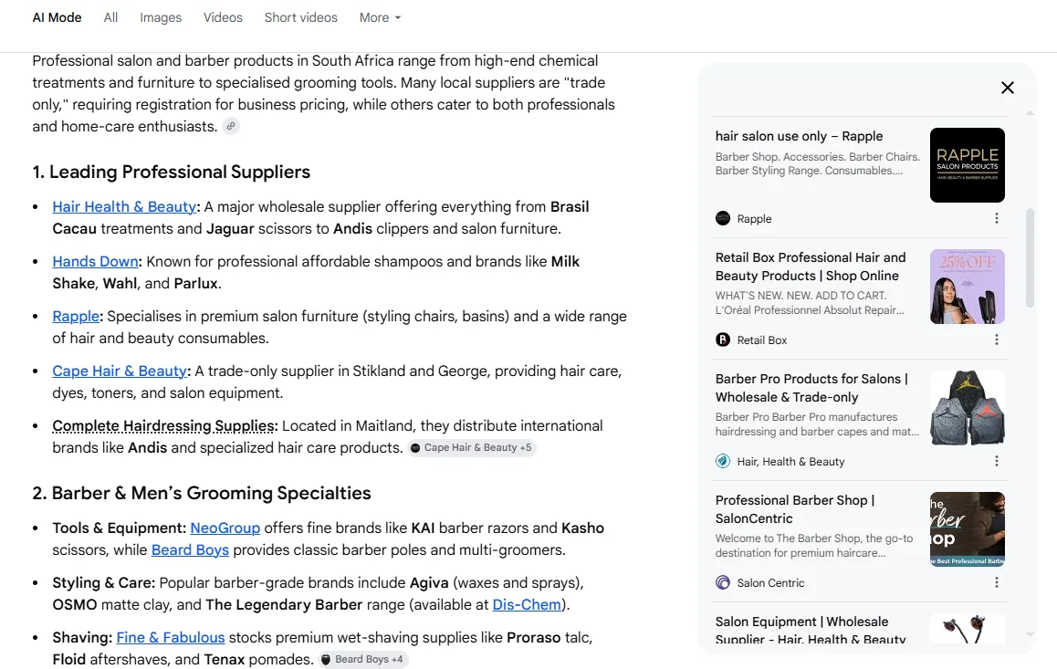 Rapple Salon Products AI Overview result for "professional salon and barber products south africa"