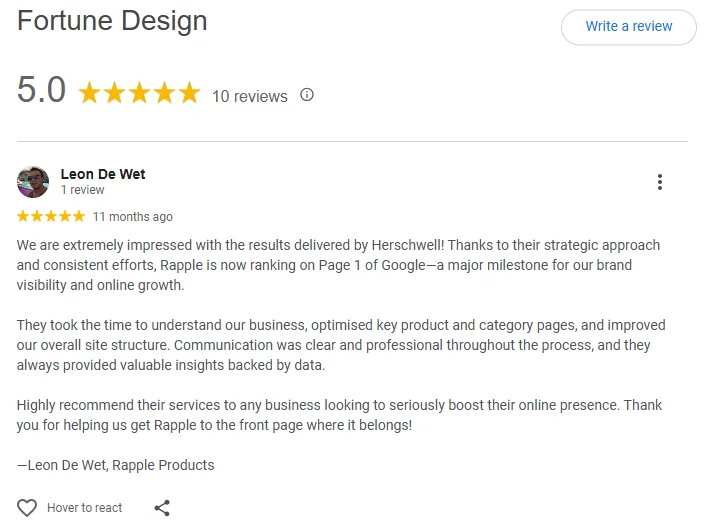 Rapple Salon Products — Google review of Fortune Design