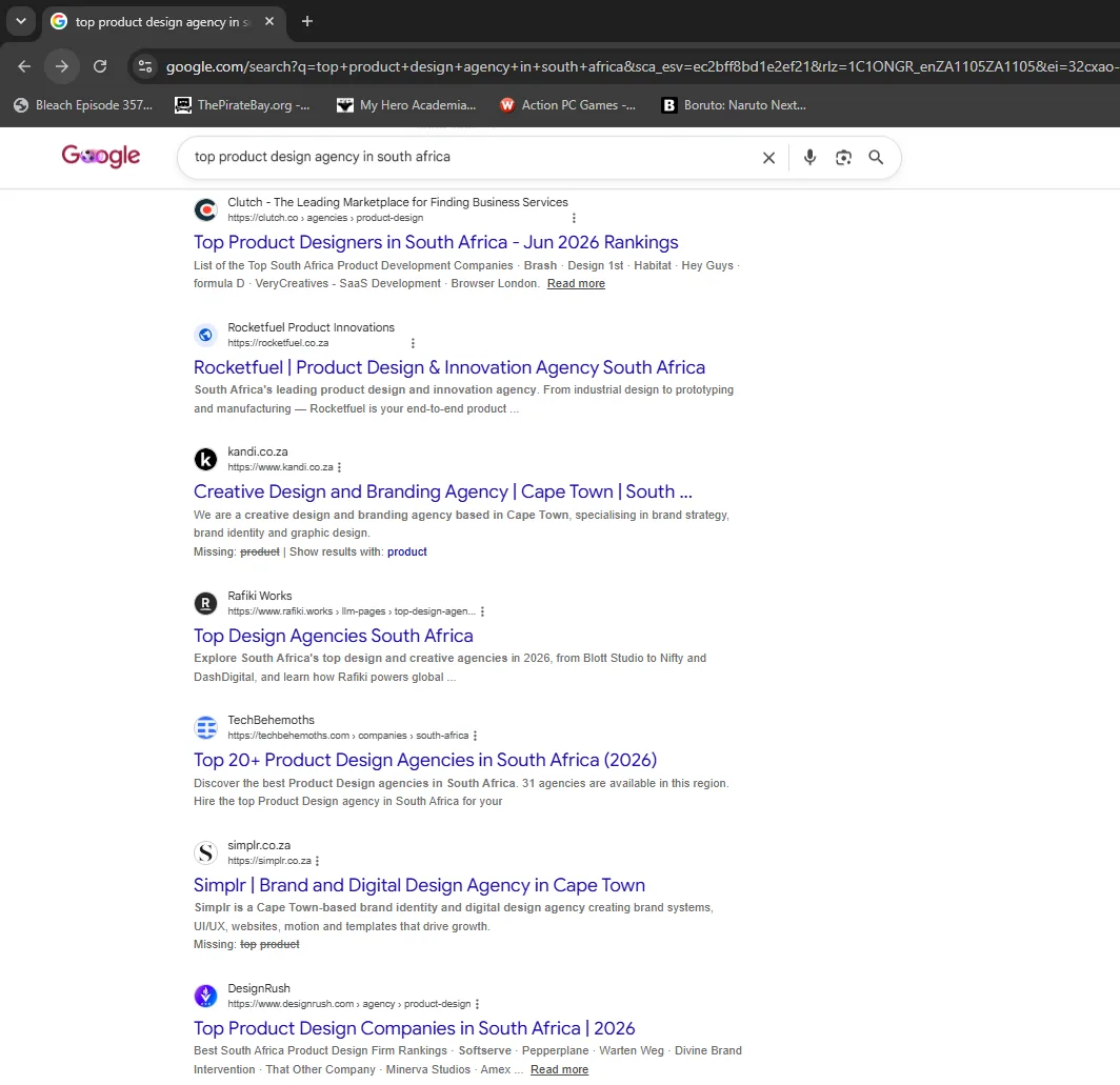 Rocketfuel Product Innovations Google search results for "top product design agency in south africa"