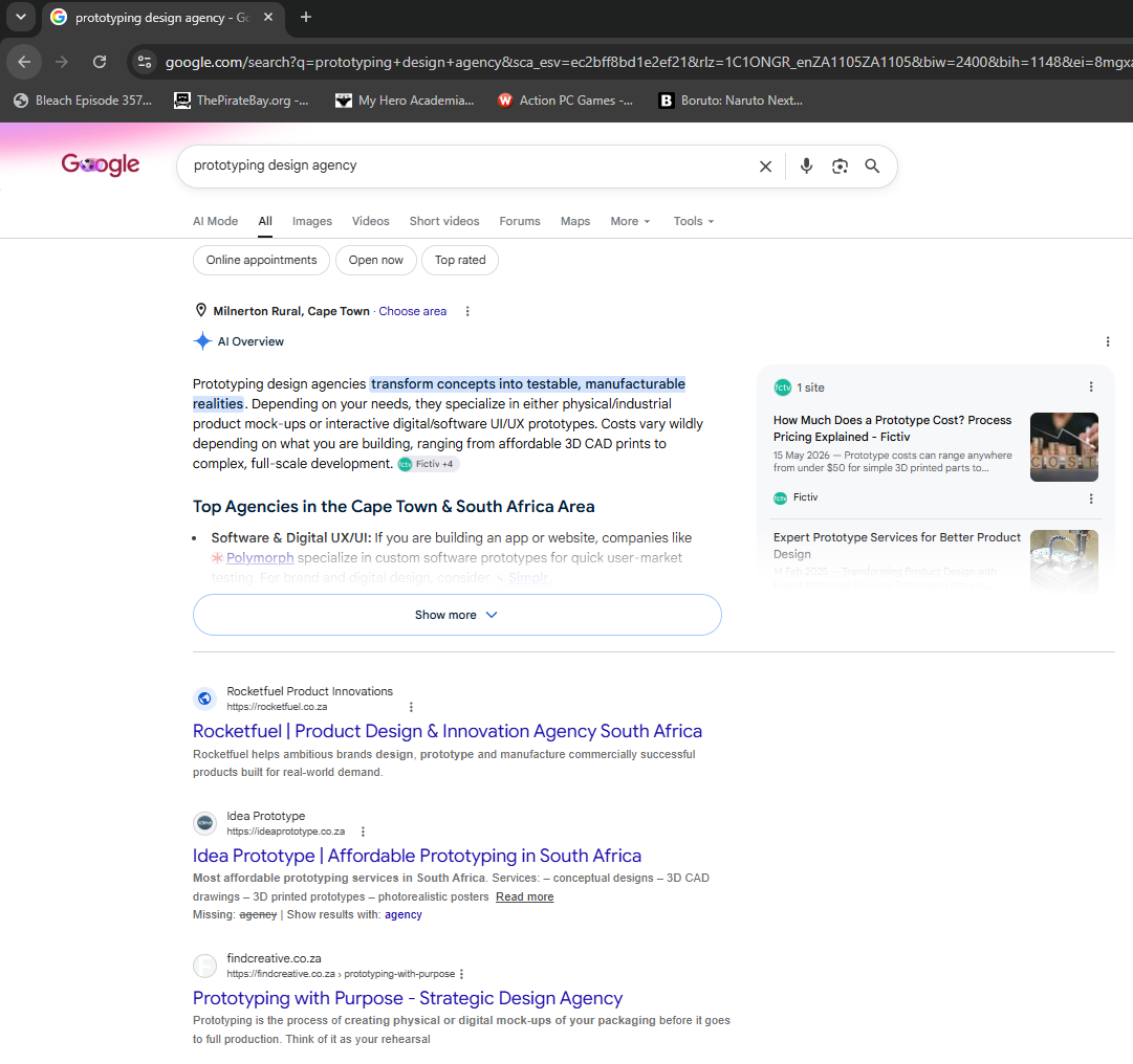 Rocketfuel Product Innovations Google search results for "prototyping design agency"