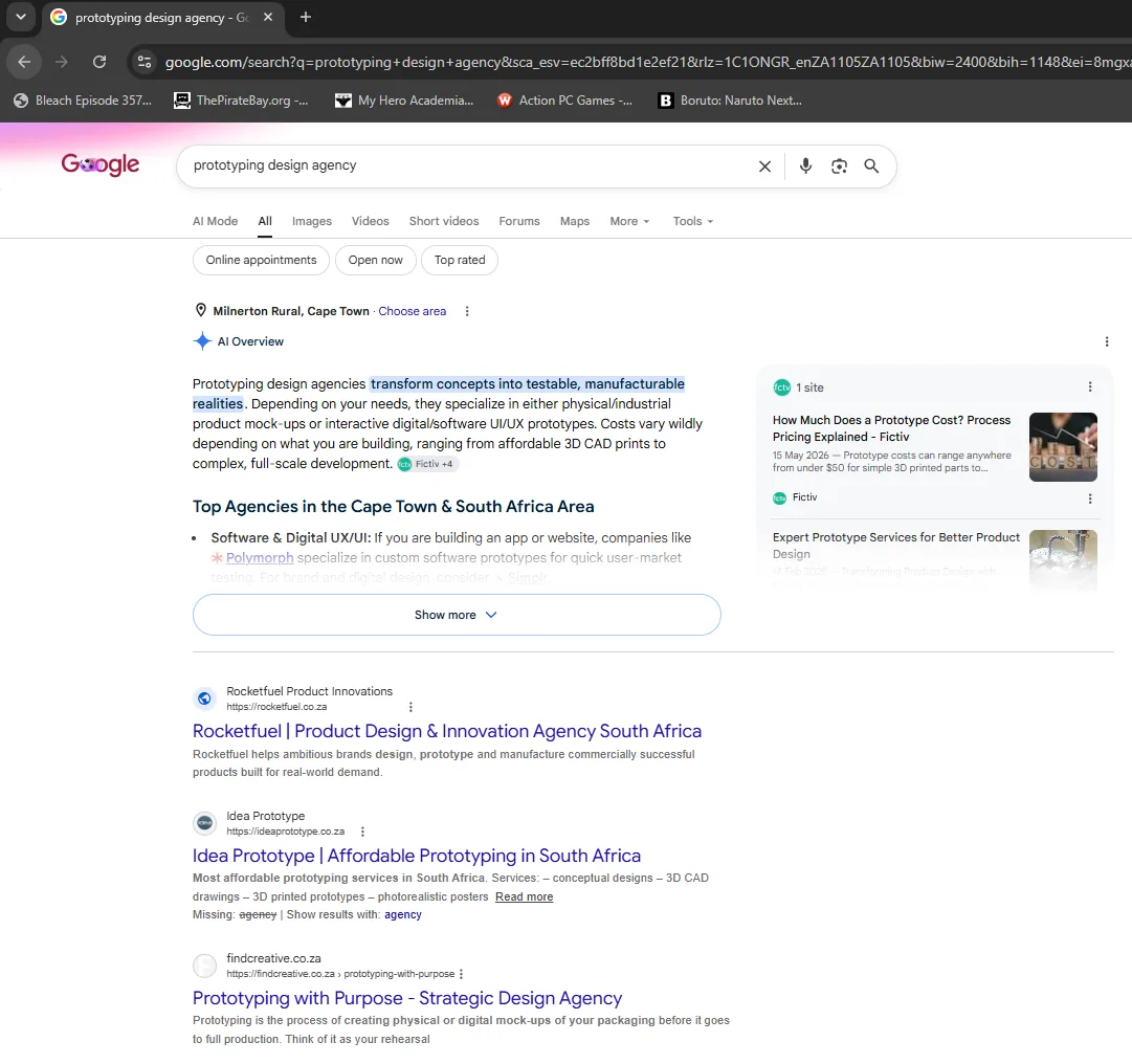 Rocketfuel Product Innovations Google search results for "prototyping design agency"