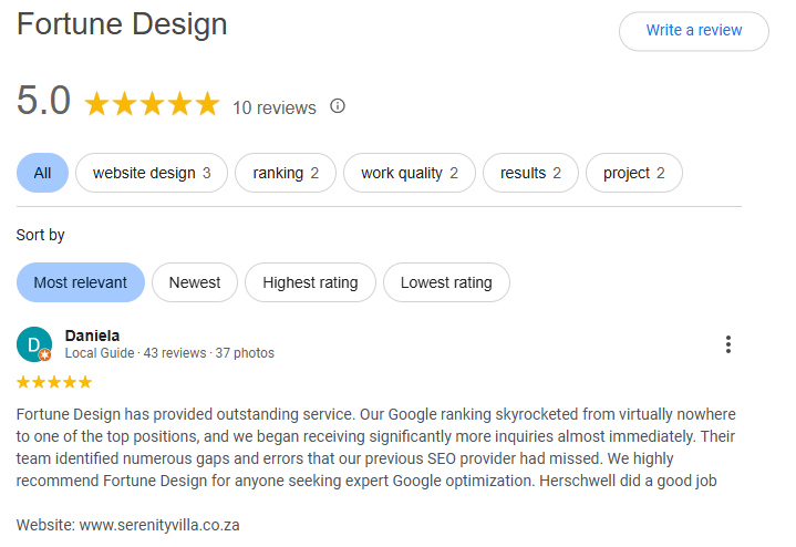 Serenity Villa — Google review of Fortune Design