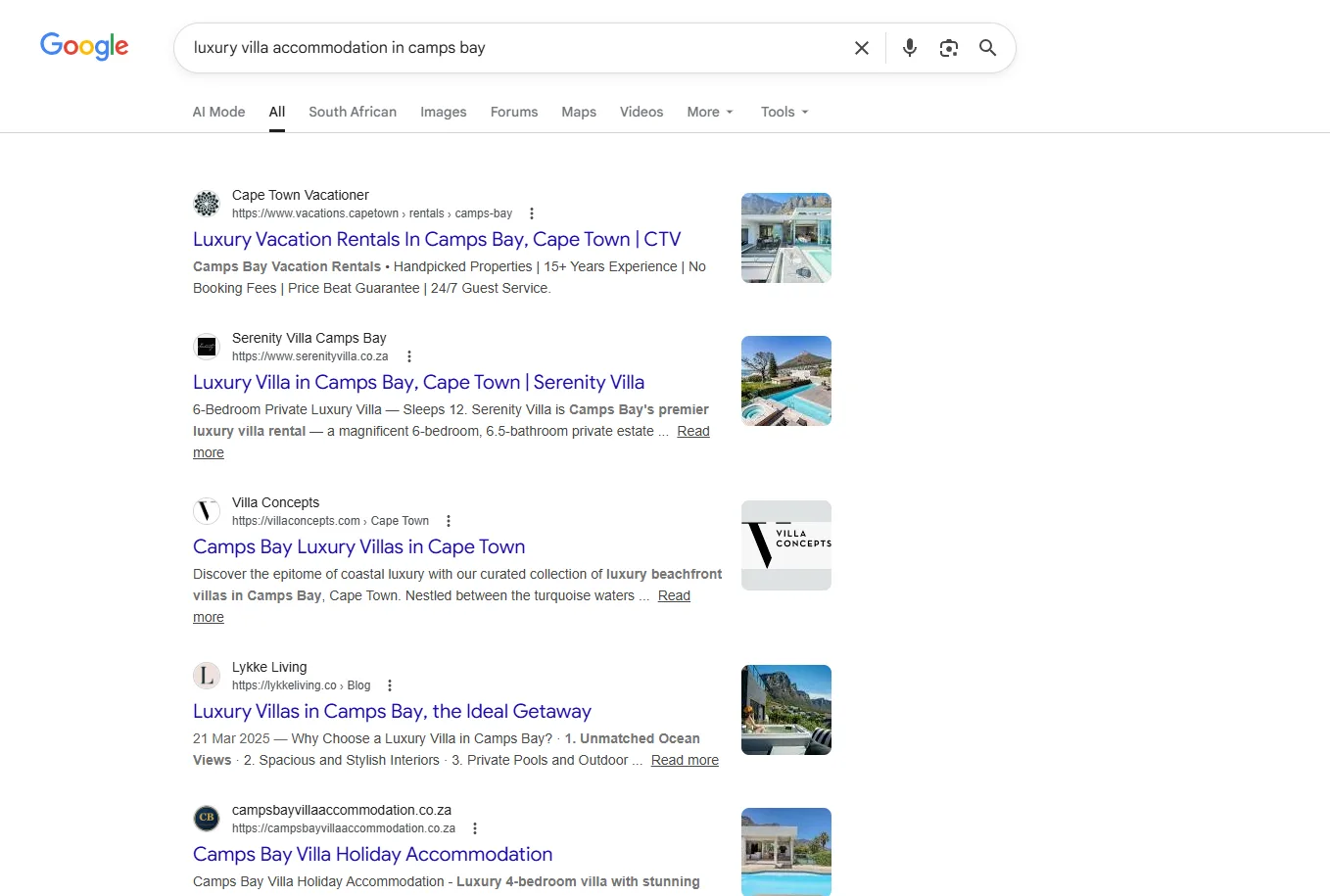 Serenity Villa Google search results for "luxury villa accommodation in camps bay"