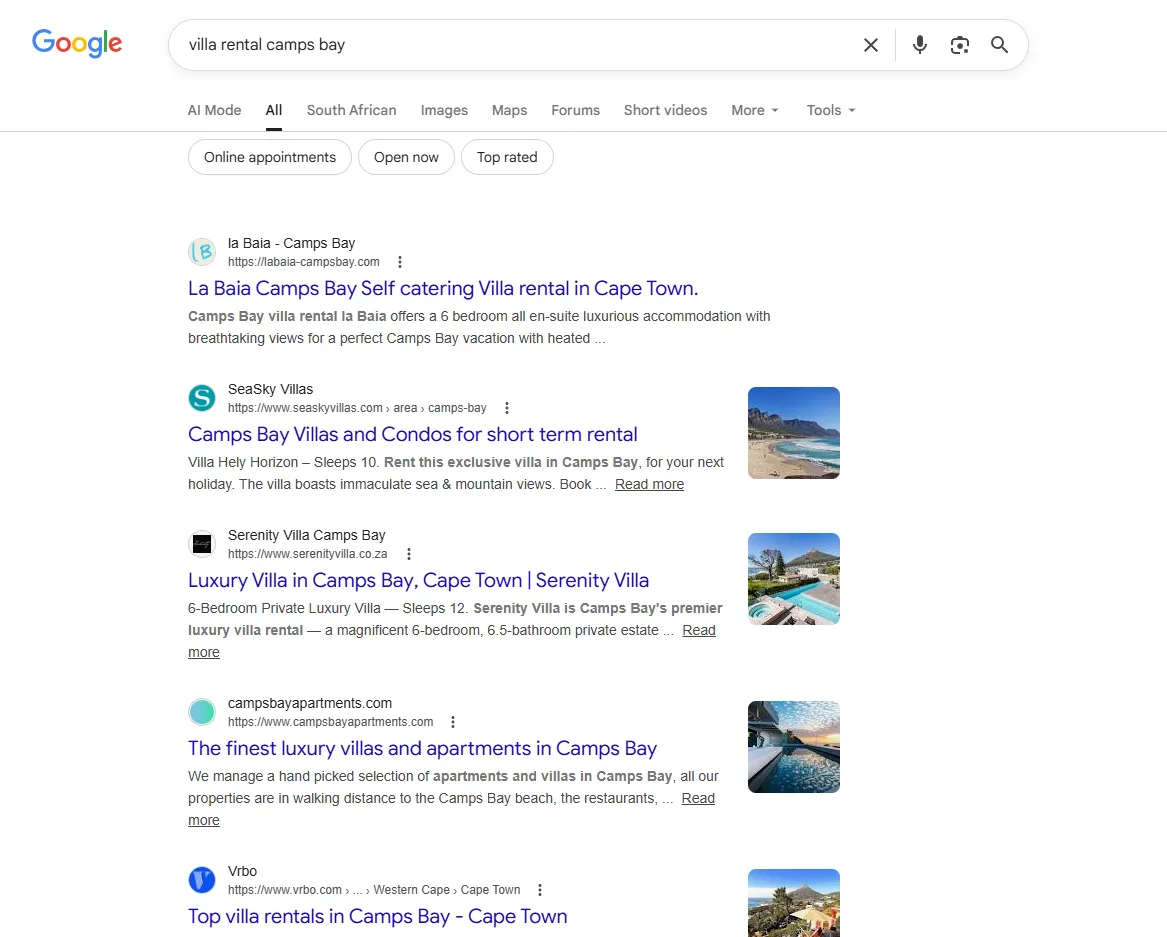 Serenity Villa Google search results for "villa rental camps bay"