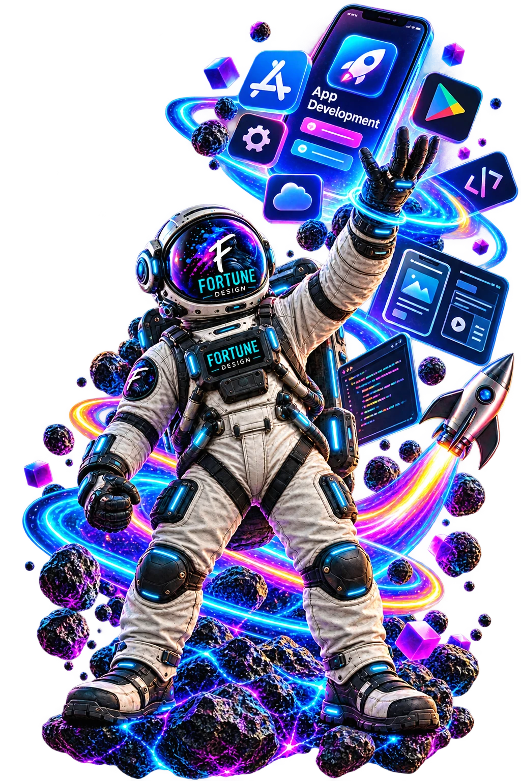 Astronaut presenting a mobile app with app store and development tools