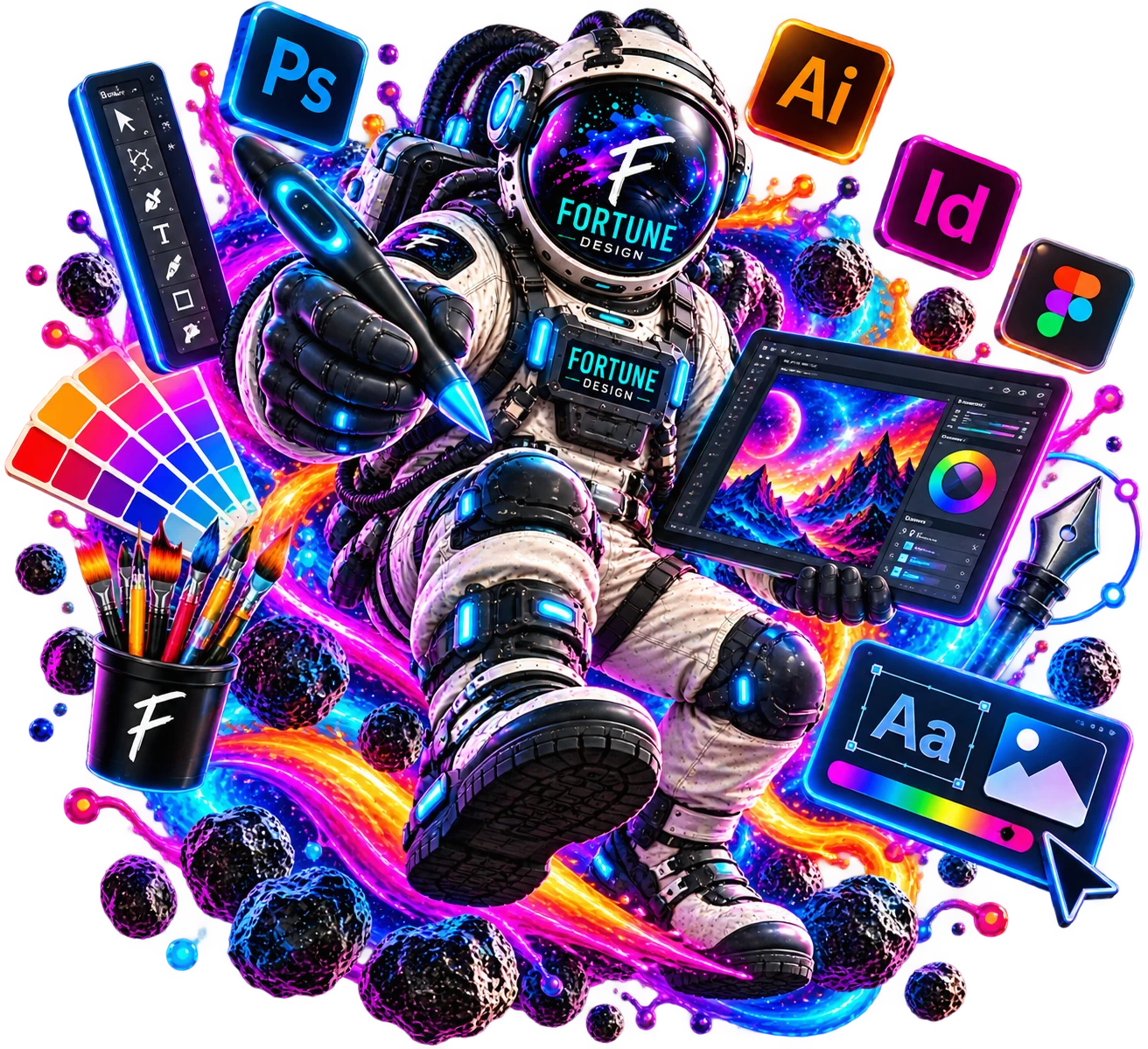 Astronaut creating digital artwork with design software and color tools