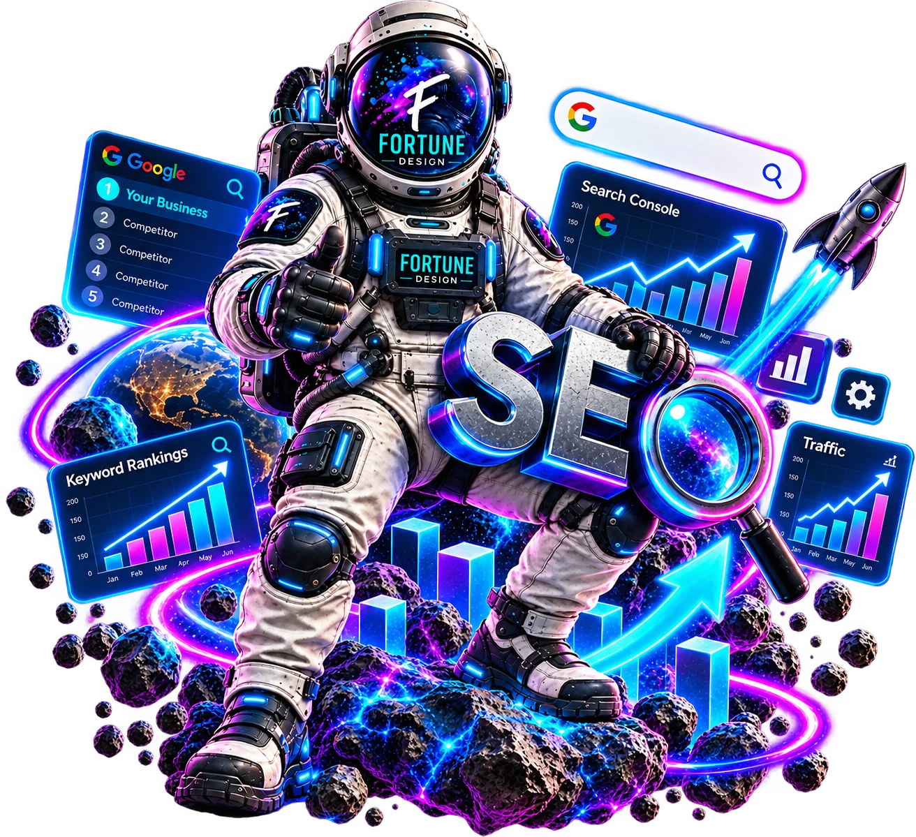 Astronaut reviewing Google search rankings and SEO analytics