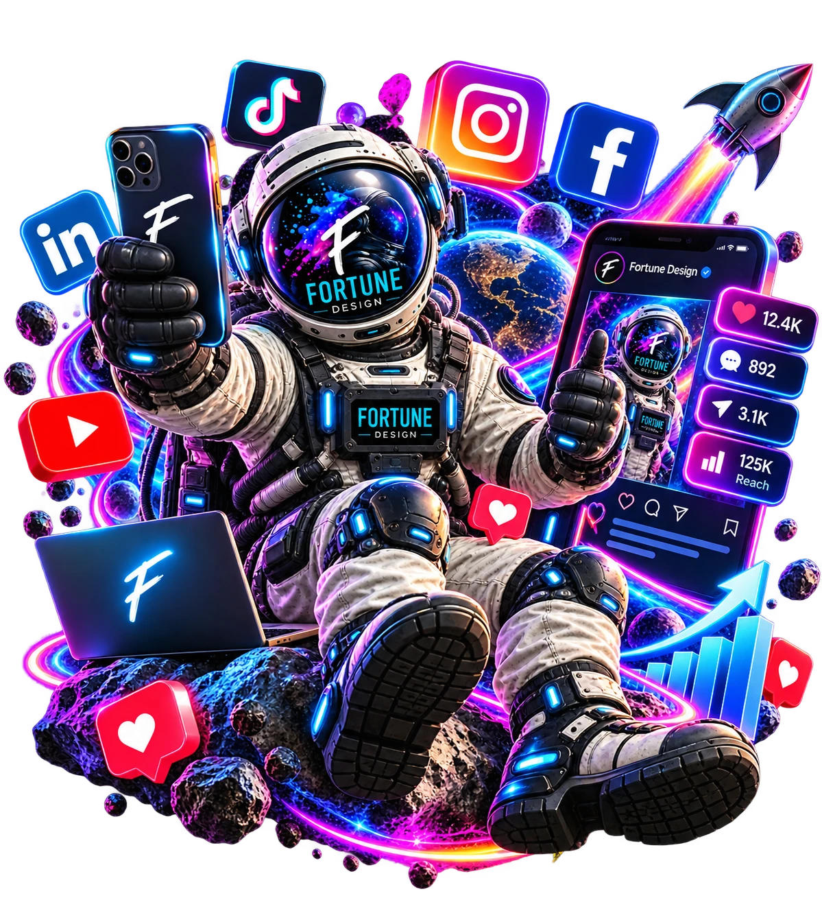 Astronaut managing social media on a phone amid platform icons and engagement metrics