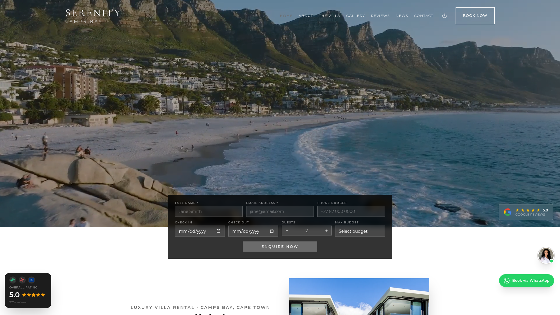 Serenity Villa website screenshot